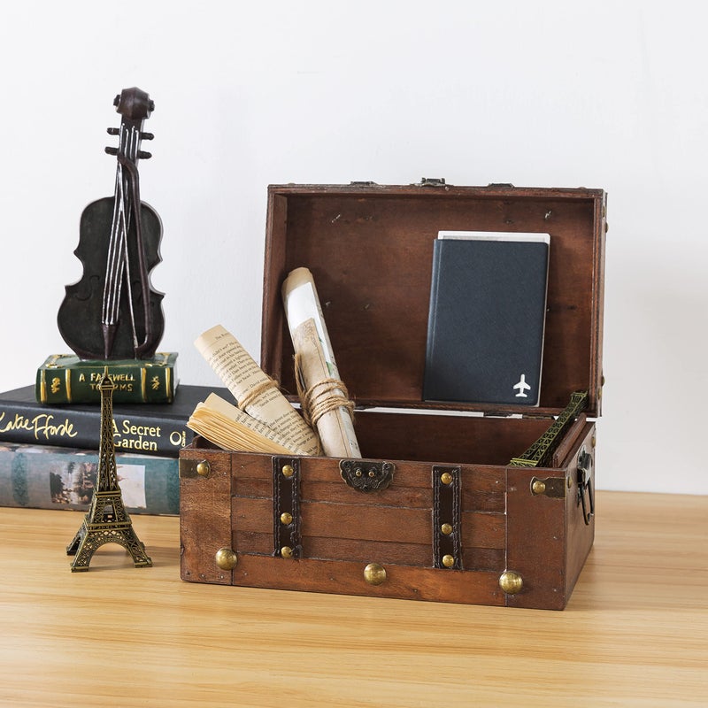 SLPR Alexander Small Wooden Treasure Chest - 11" x 7" x 5.5", Wood Storage Box with Hinged Lid, Decorative Trunk for Keepsakes, Vintage Pirate Chest for Classroom - Image 4